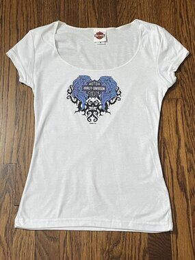 2006 Harley Davidson Women’s White Graphic T-Shirt Blue Wing Design SZ M New